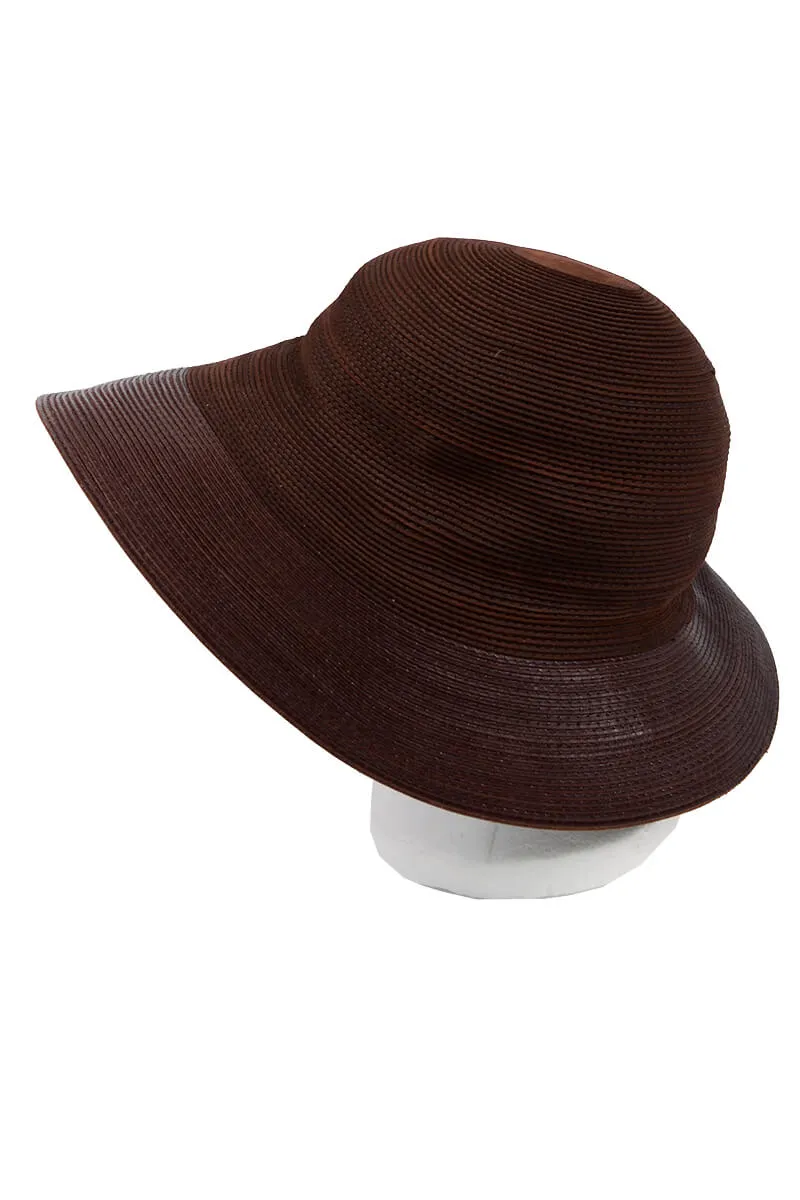 1980s Patricia Underwood Brown Corded Leather Wide Brim Floppy Hat