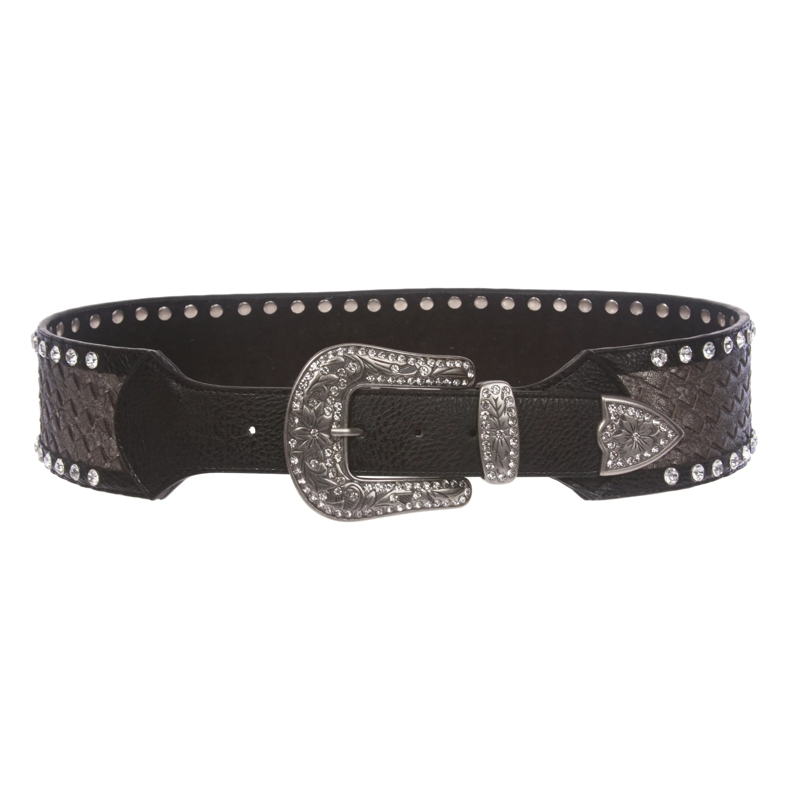 2 3/4" Wide Western Braided Woven Rhinestone Tapered Contour Leather Belt