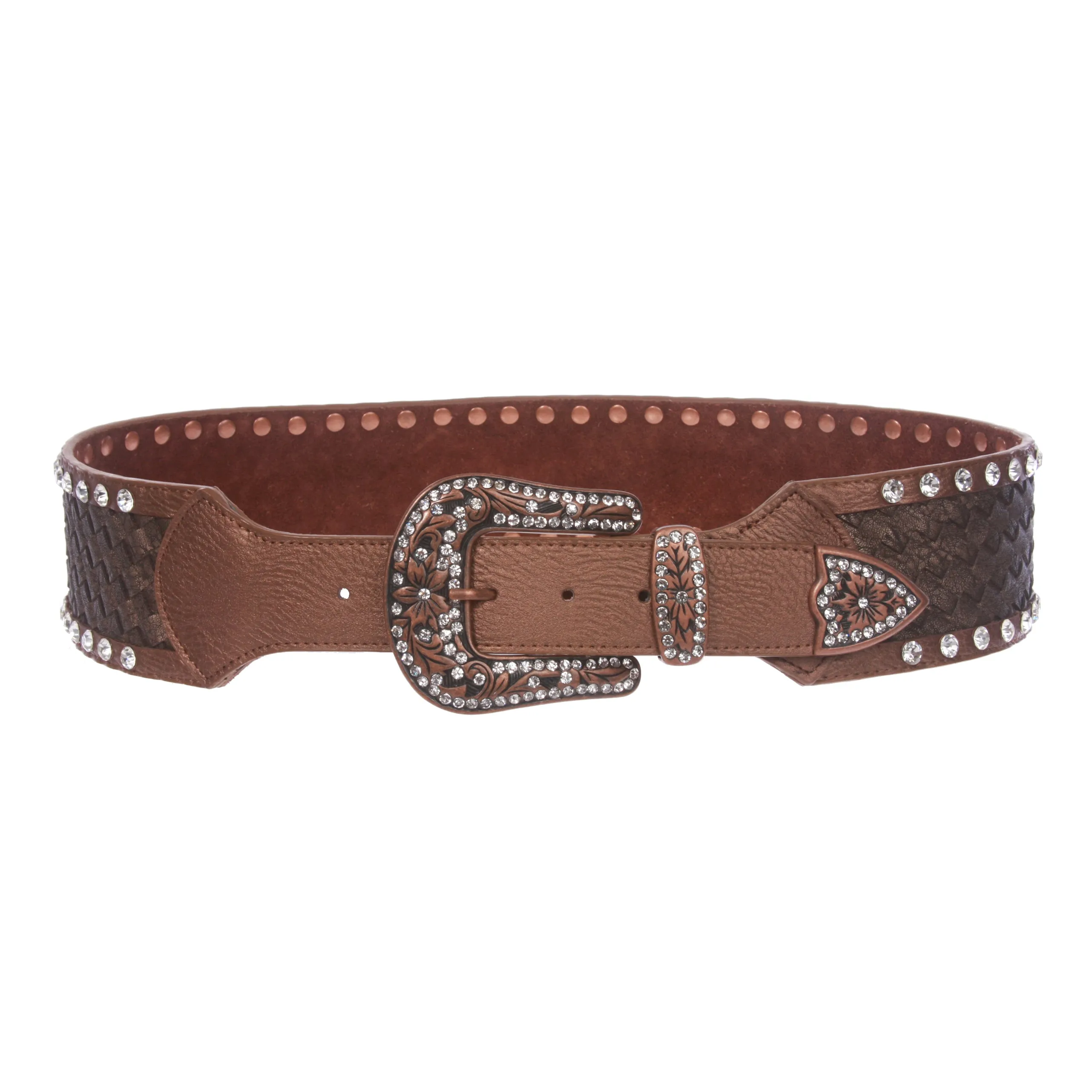 2 3/4" Wide Western Braided Woven Rhinestone Tapered Contour Leather Belt