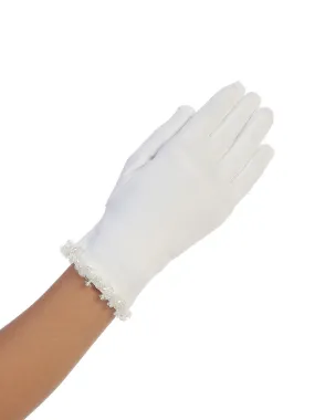 Big Girls White Matte Satin Beaded Accent Communion Flower Girl Gloves 8-14