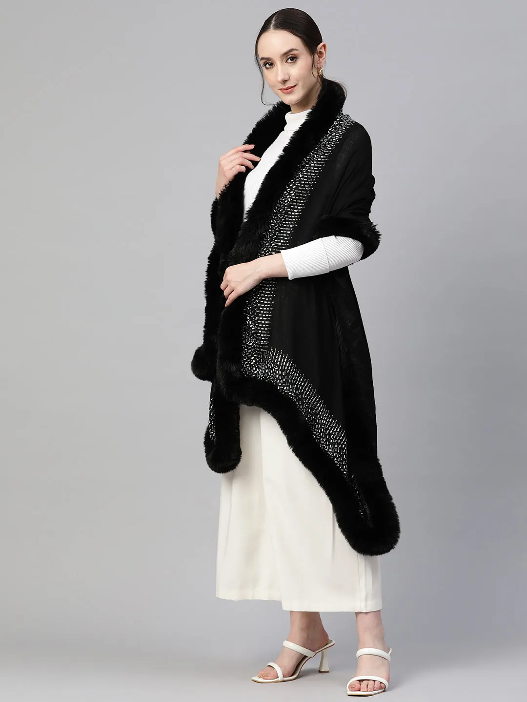 Black shawl, fur shawl, with swarovksi, ideal party shawl, black shawl