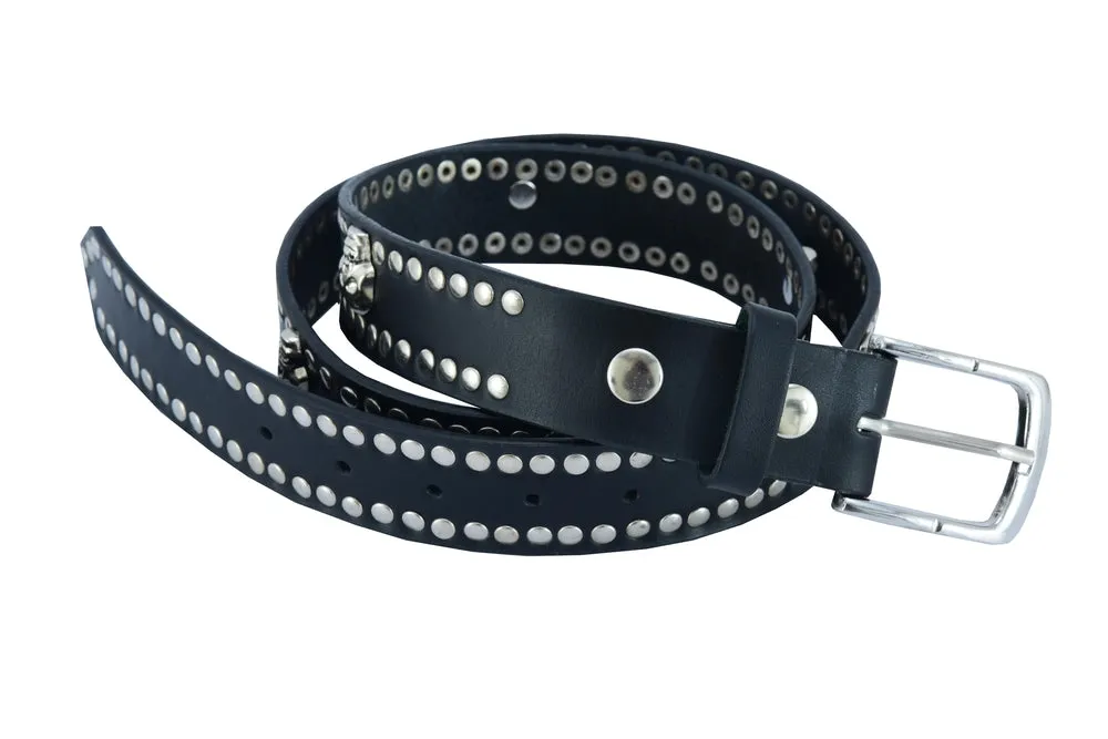 BLT Black Leather Belt with Silver Studs and Skulls