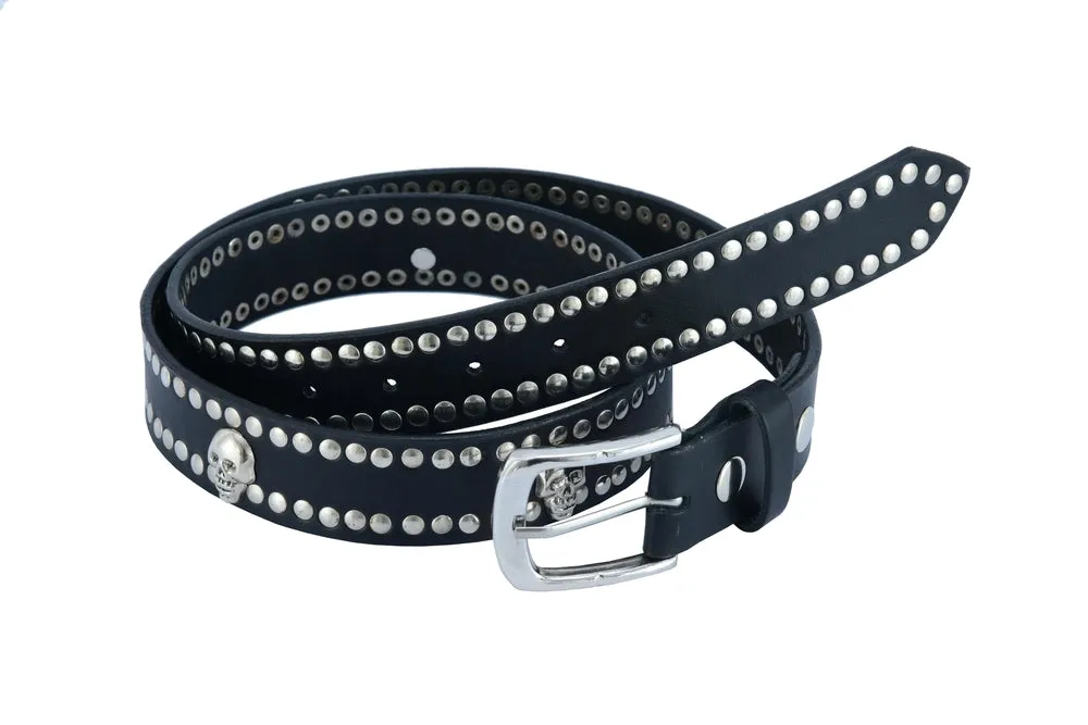 BLT Black Leather Belt with Silver Studs and Skulls