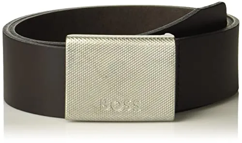 BOSS Smooth Leather Belt with Textured Plaque Buckle