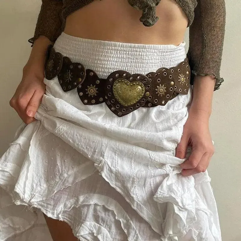 Brown Pinned Belt Decorated with White Love Hearts Bohemian