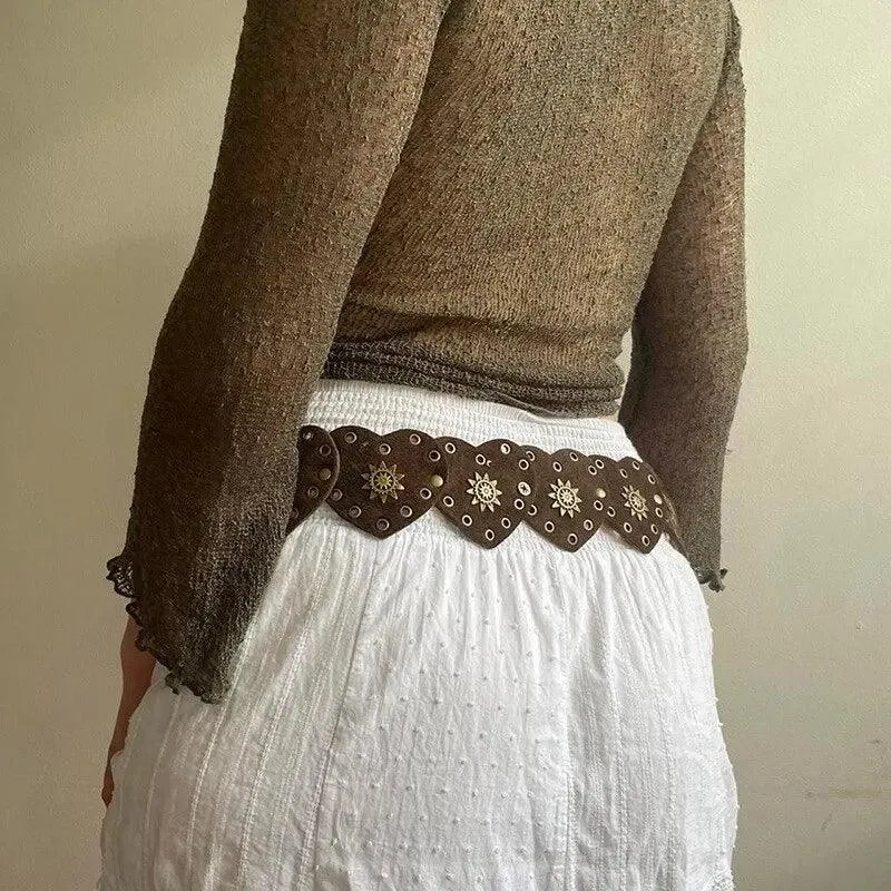 Brown Pinned Belt Decorated with White Love Hearts Bohemian