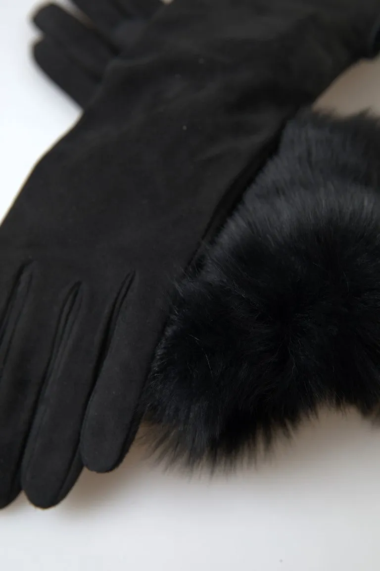 Dolce & Gabbana Elegant Leather Elbow Length Gloves with Fur Trim