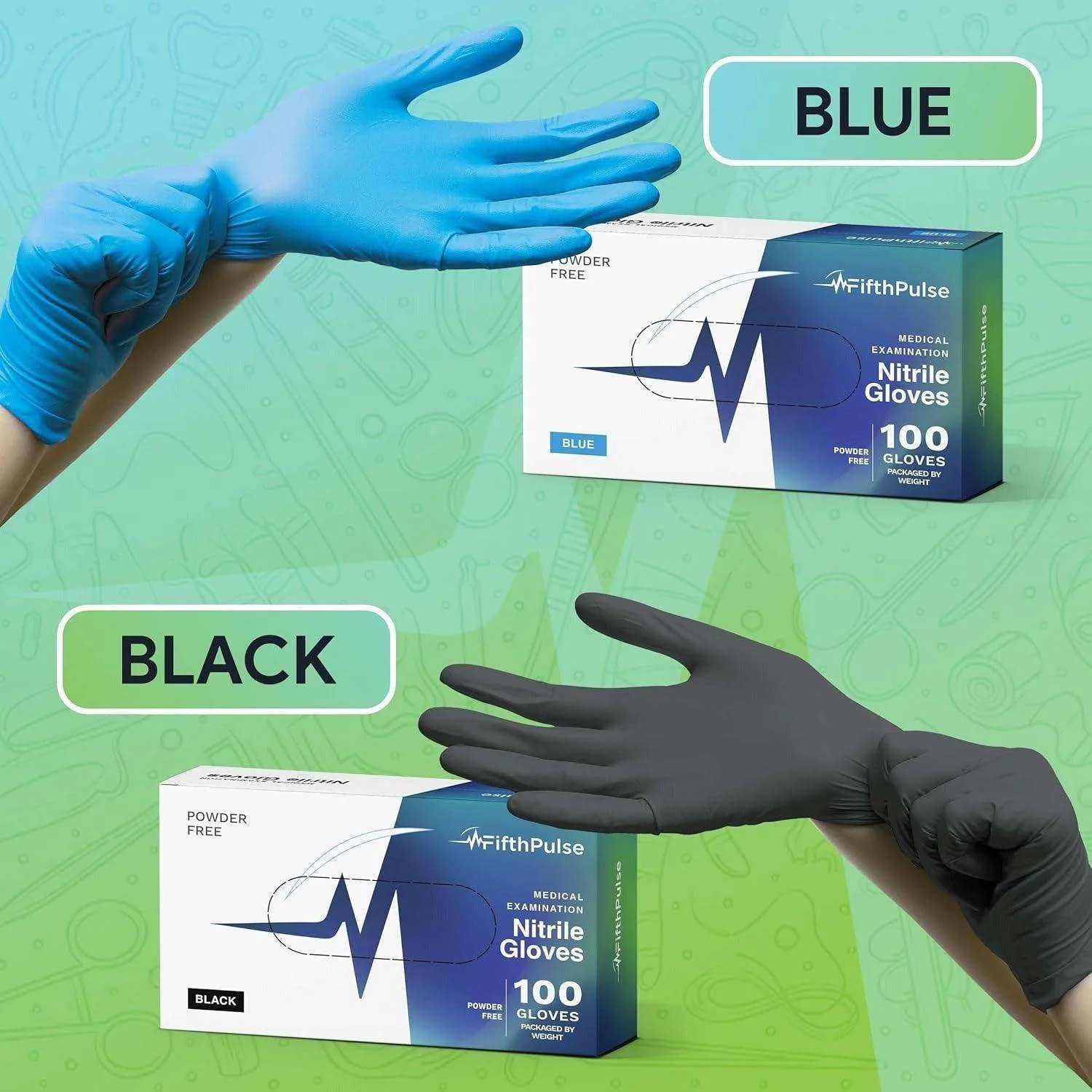 FifthPulse Medical Exam Black Nitrile Gloves - 10 Boxes of 100 Count