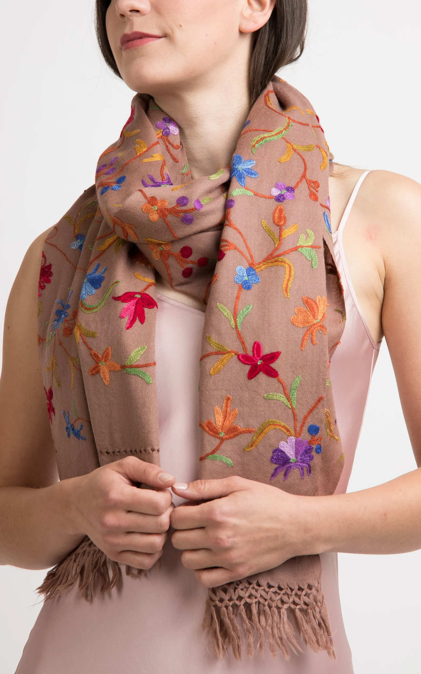 Floral Pecan Embroidered Wool Shawl