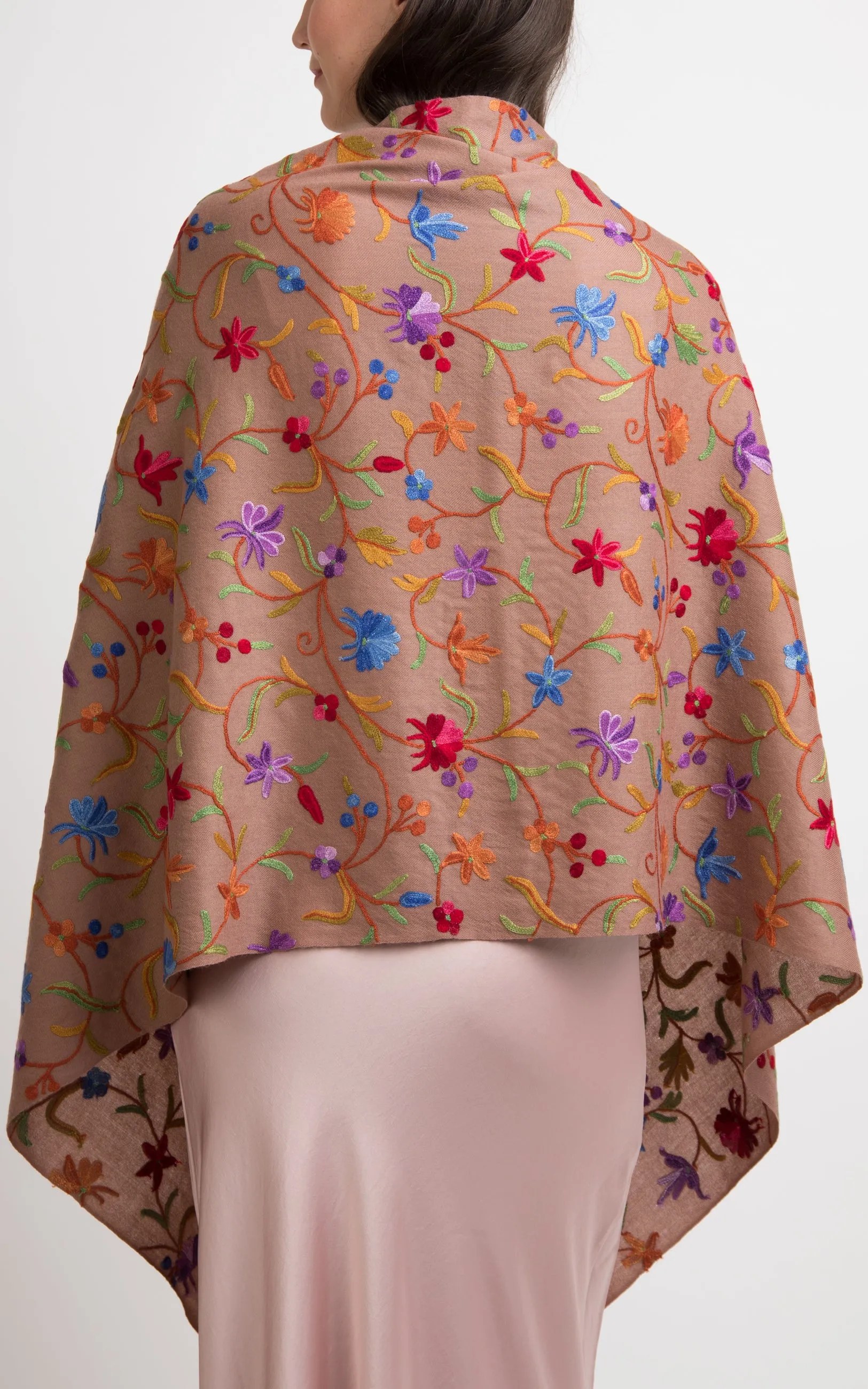 Floral Pecan Embroidered Wool Shawl