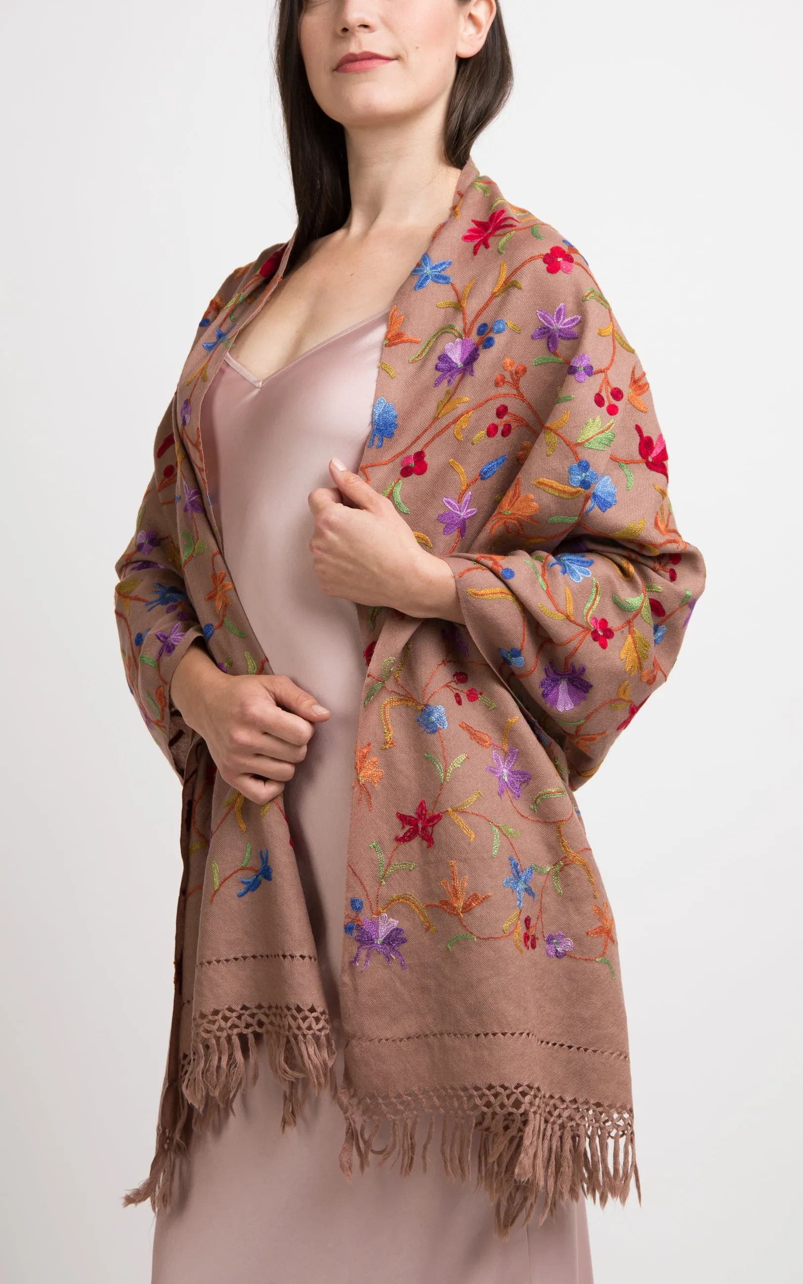 Floral Pecan Embroidered Wool Shawl