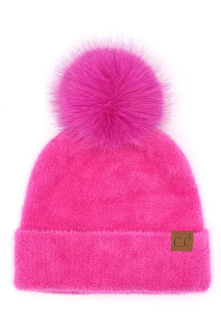 Hat | Plush Tween Terry Chenille Pom Beanie Hat- Hot Pink | Hana