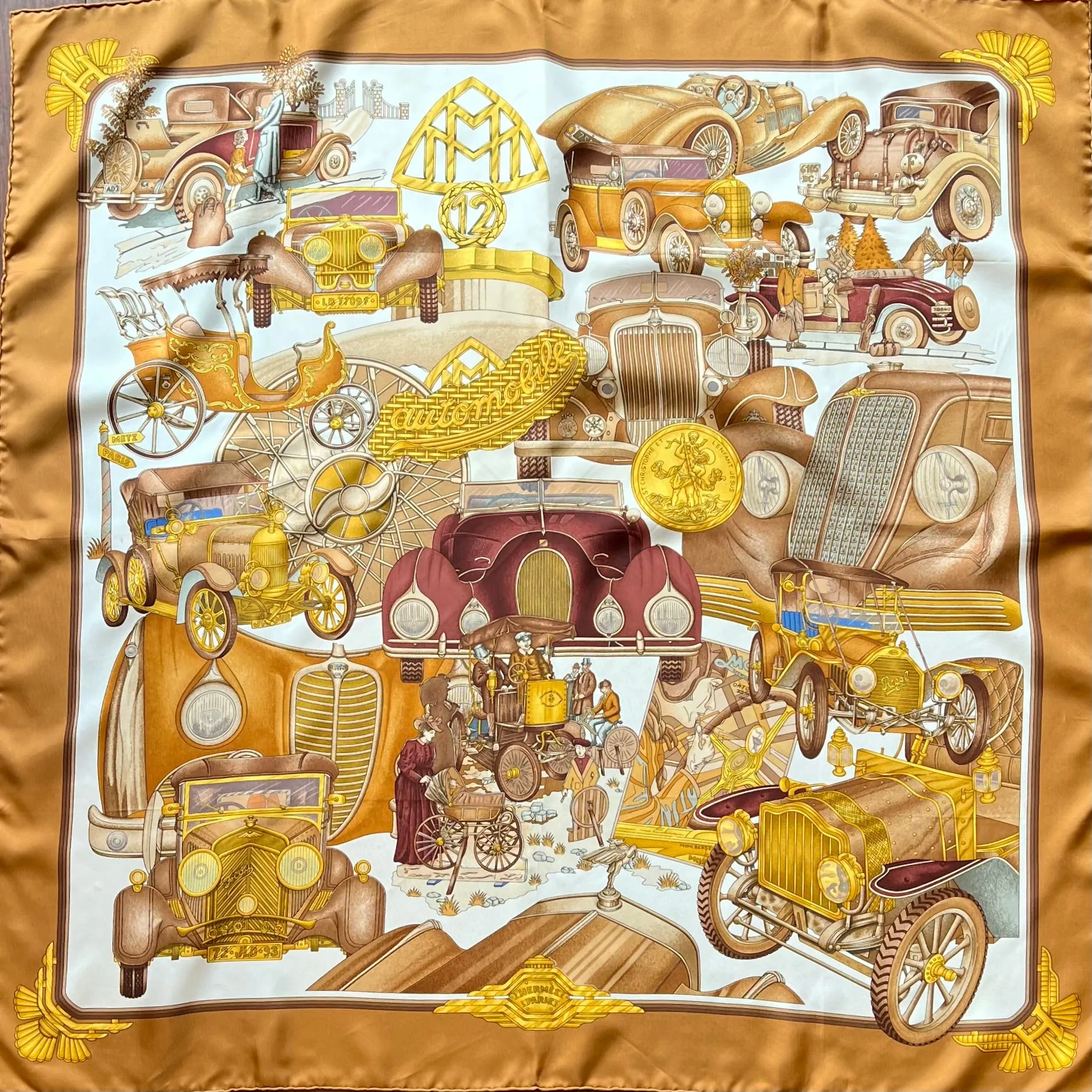 HERMES Brown Silk Automobile Scarf 90