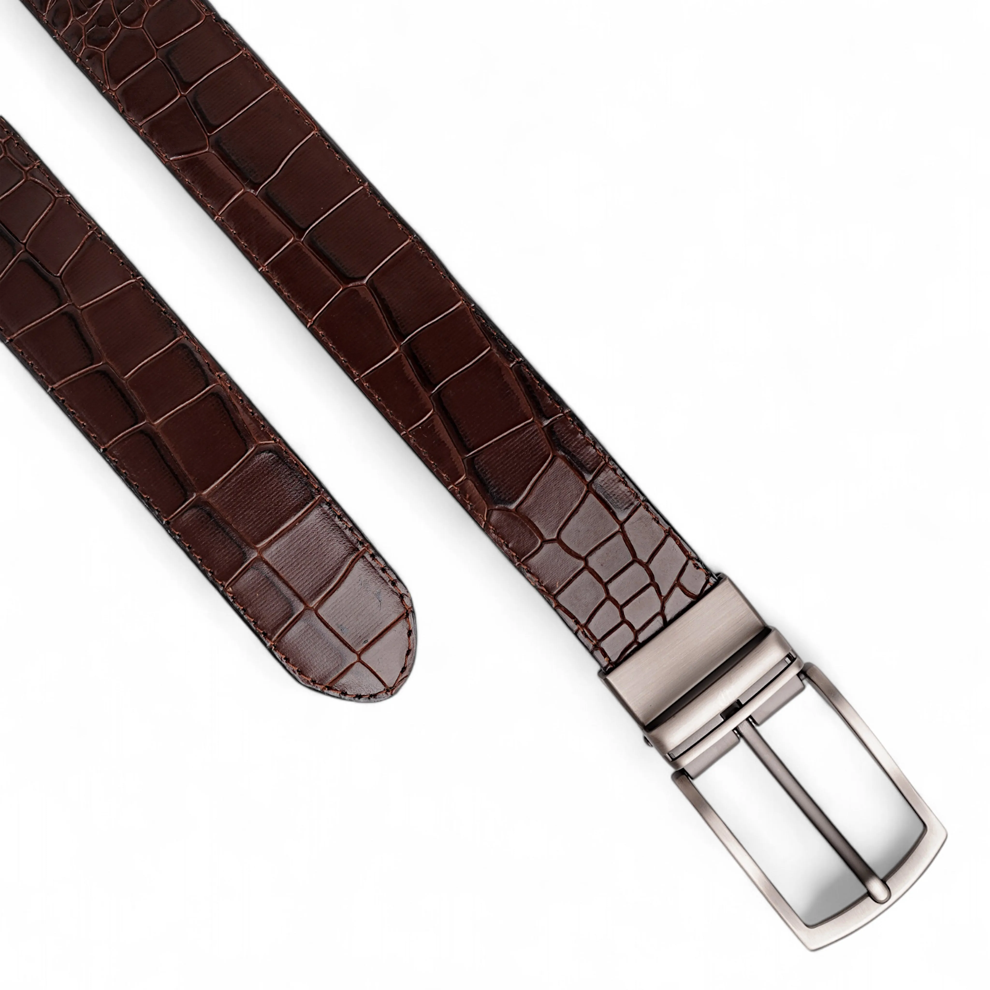 Mens 2in1 Croc Textured Style Reversible Leather Belt Dark Brown