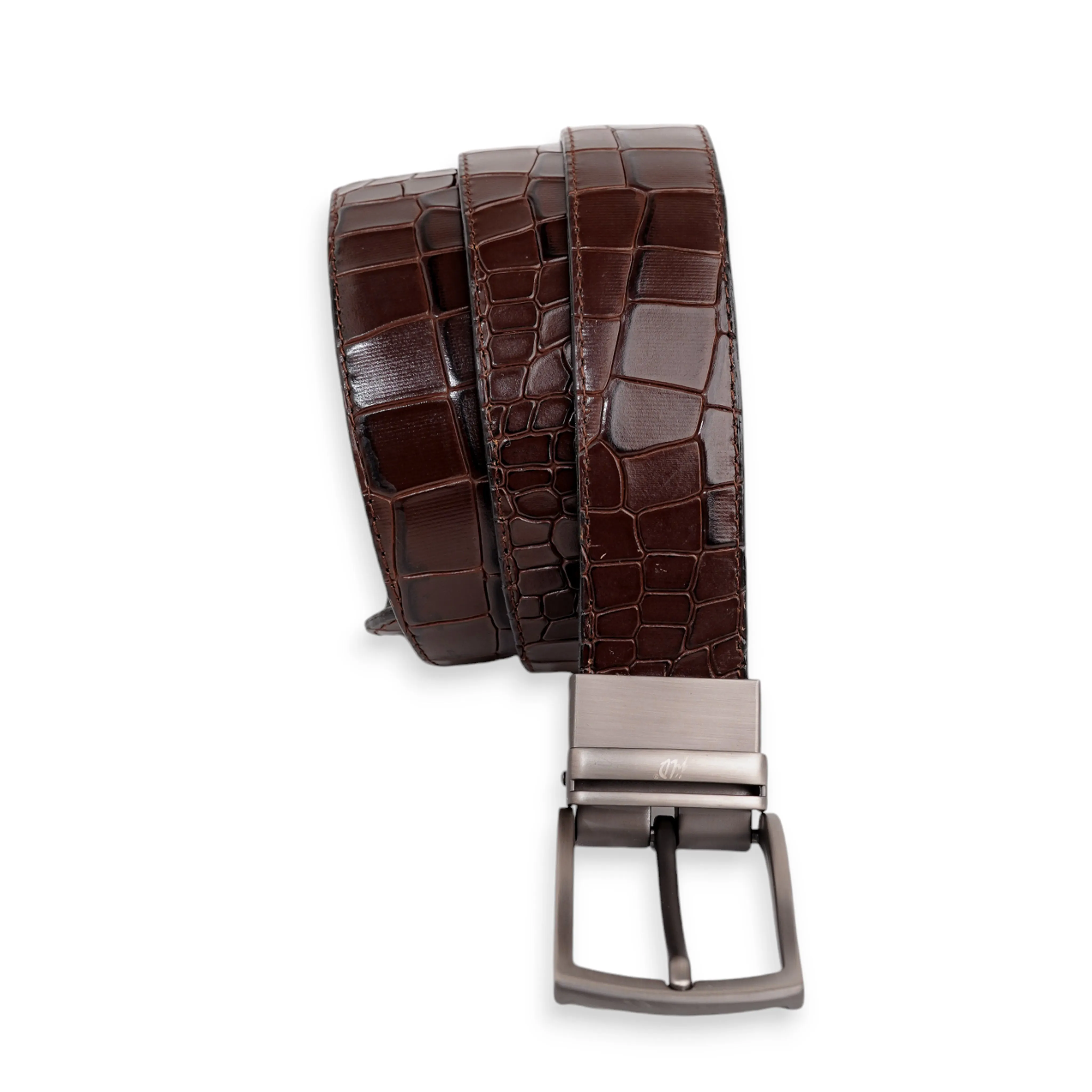 Mens 2in1 Croc Textured Style Reversible Leather Belt Dark Brown