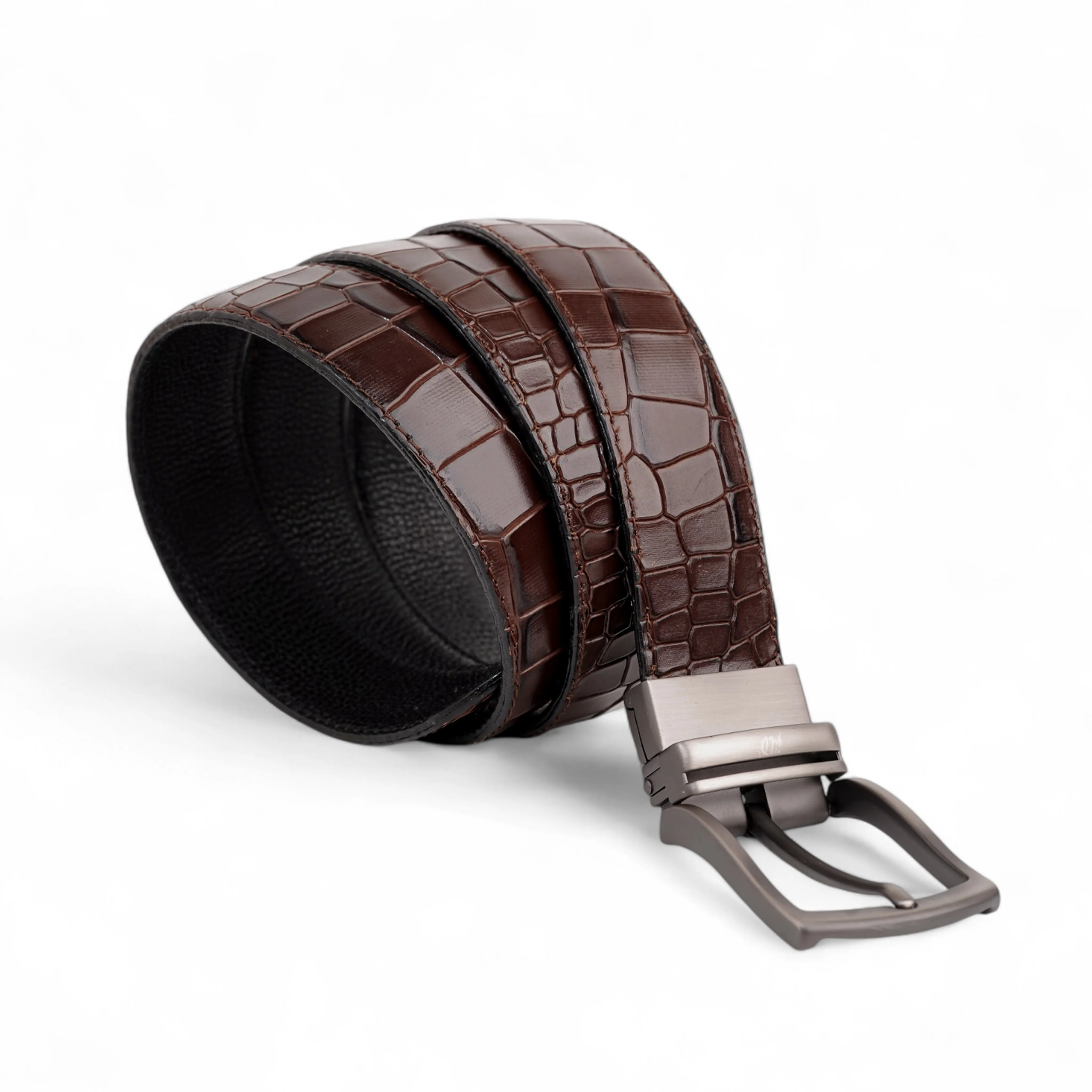 Mens 2in1 Croc Textured Style Reversible Leather Belt Dark Brown