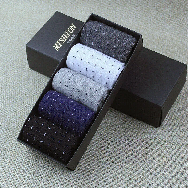 Mens Cotton Socks Comfortable Pattern Black Grey Mix 5 Pack Gift Box