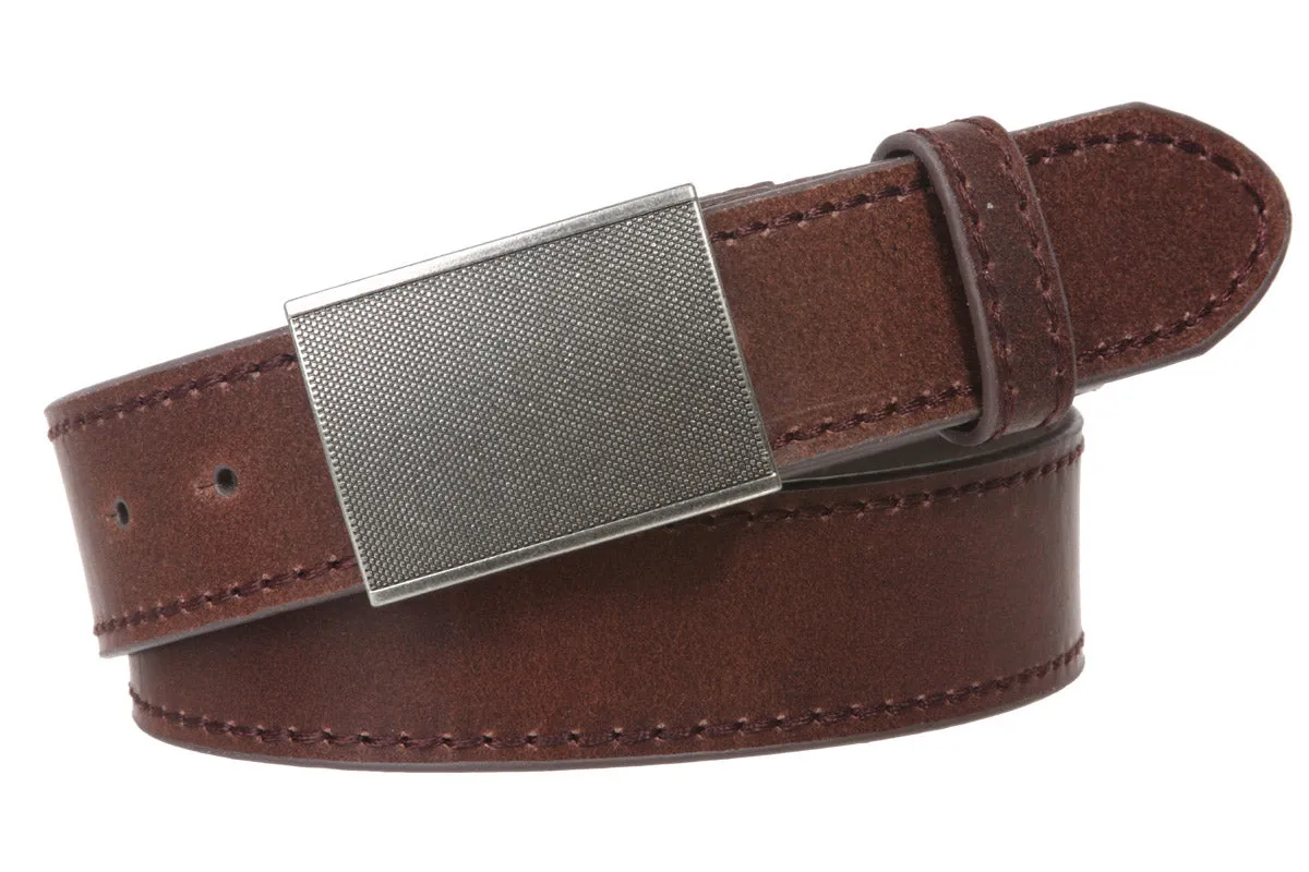 Men's Snap On 1 1/2" (38 mm) Leather Belt with Rectangular Gritty Looking Textured Belt Buckle