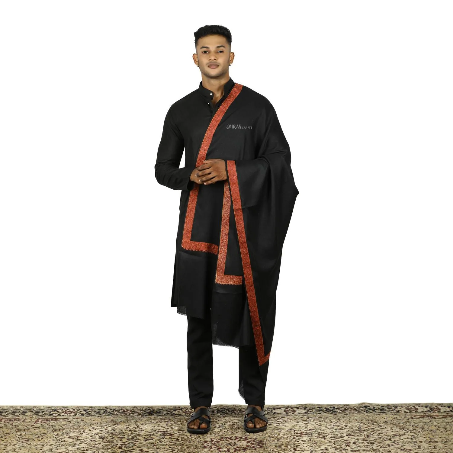 MIRAS CRAFTS MENS SHAWLS Kashmiri Hand Embroidery Sozni Shawl, Woollen, Soft and Warm, PALDAR, BLACK