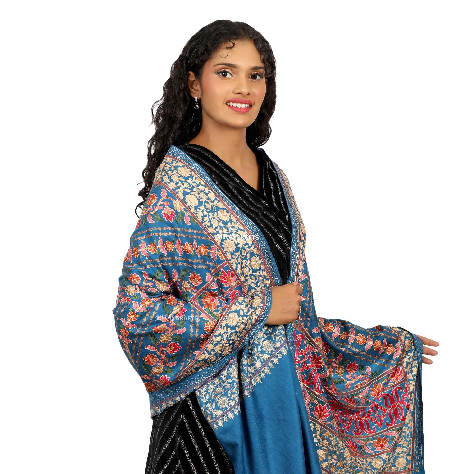 Miras Crafts Women's Fine Ari Kashmiri Hand Embroidery Stole, 100% pure Pashmina, Soft and Warm, - ROYAL BLUE