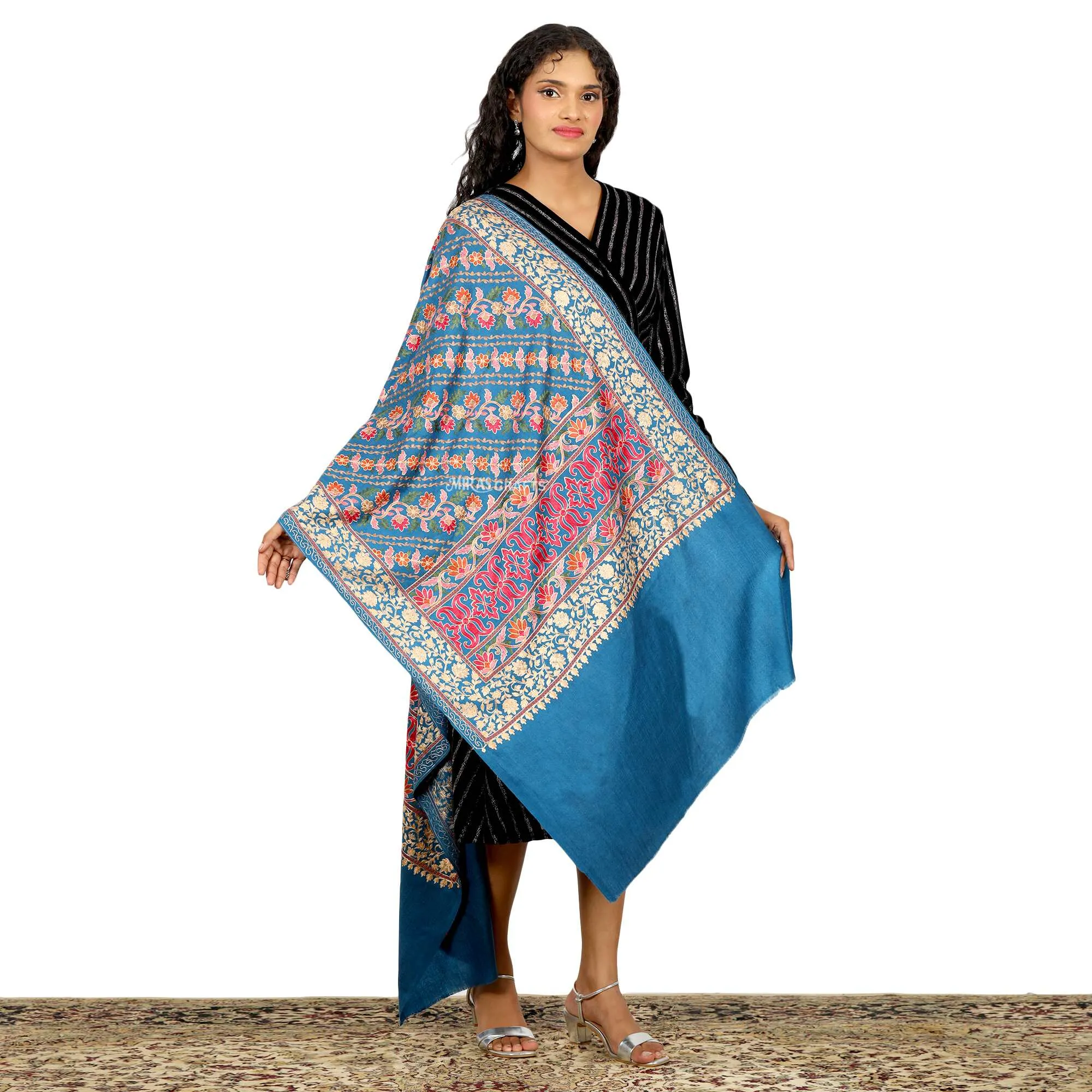 Miras Crafts Women's Fine Ari Kashmiri Hand Embroidery Stole, 100% pure Pashmina, Soft and Warm, - ROYAL BLUE