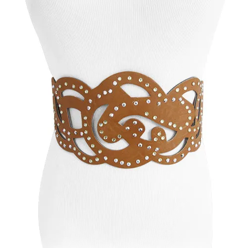 Rhinestone and Faux Leather Brown Stylish Stretch Belt