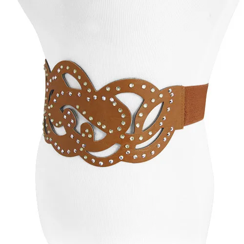 Rhinestone and Faux Leather Brown Stylish Stretch Belt