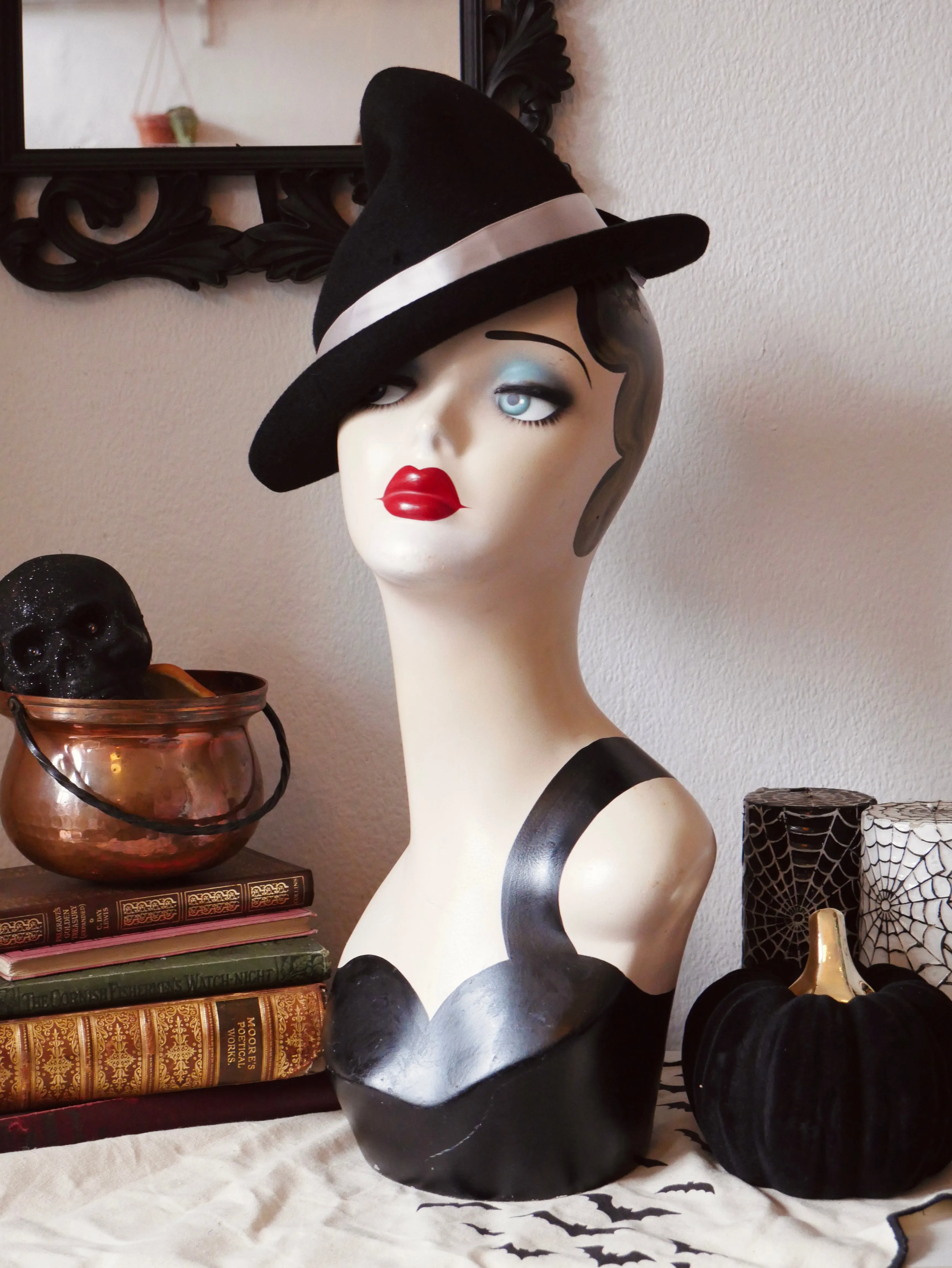 SARAH SPROUT COLLECTION: 
Black Vintage Style Witch Hat (Refashioned)with Grey Ribbon