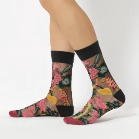 Sheer, Colourful, Pink Bird Patterned Socks