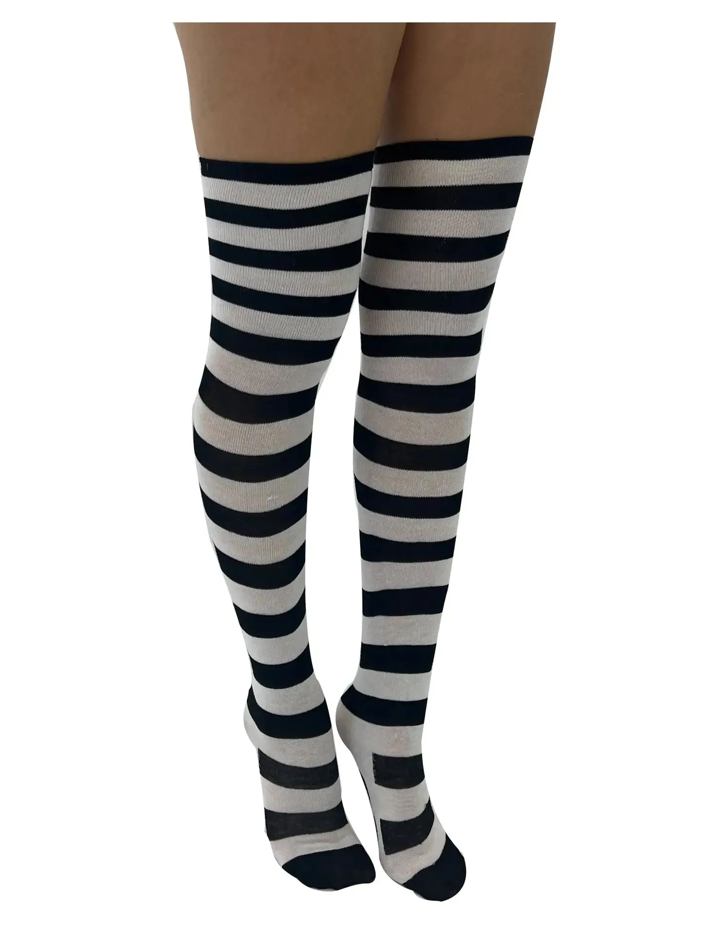 Striped Over the Knee Socks in White and Black - With Cat Paw