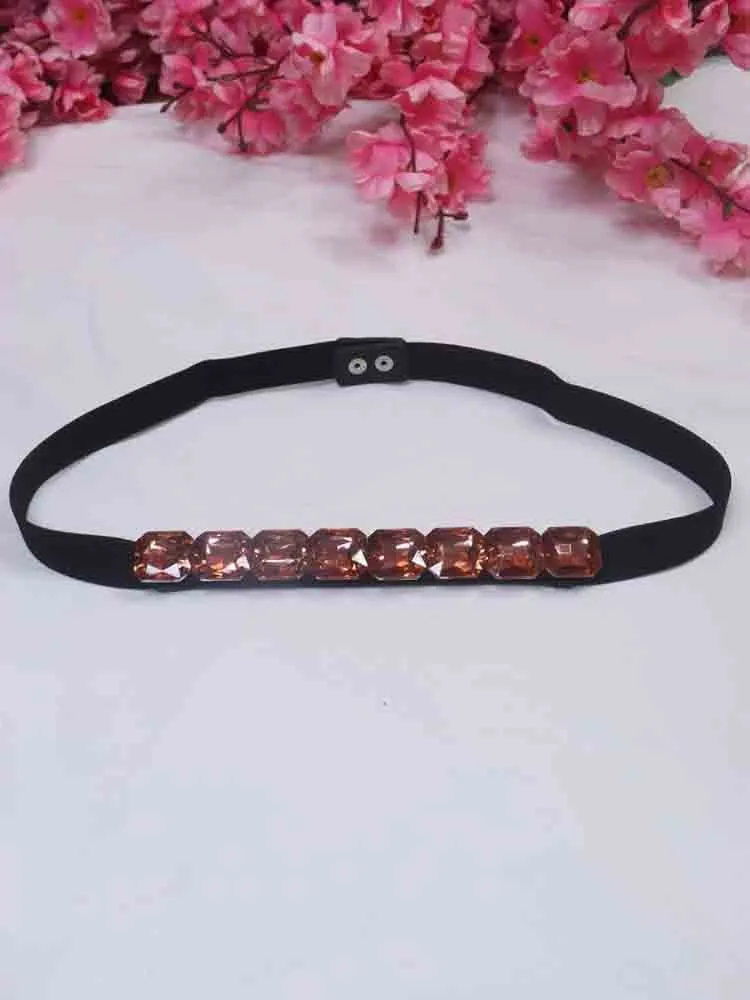 Stylish Black and Orange Rhinestone Elastic Belt for Women