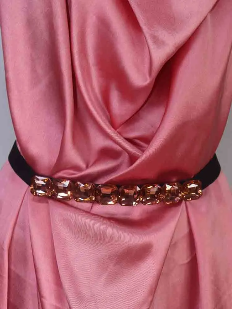 Stylish Black and Orange Rhinestone Elastic Belt for Women