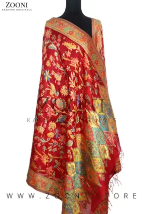 Superfine Kaani Jaamawar Silk Summer Shawl - Thunderbird Red and Gold