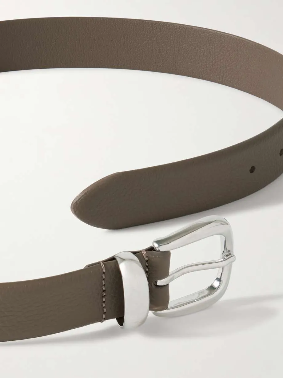 TAUPE LEATHER BELT CURVED SILVER BUCKLE