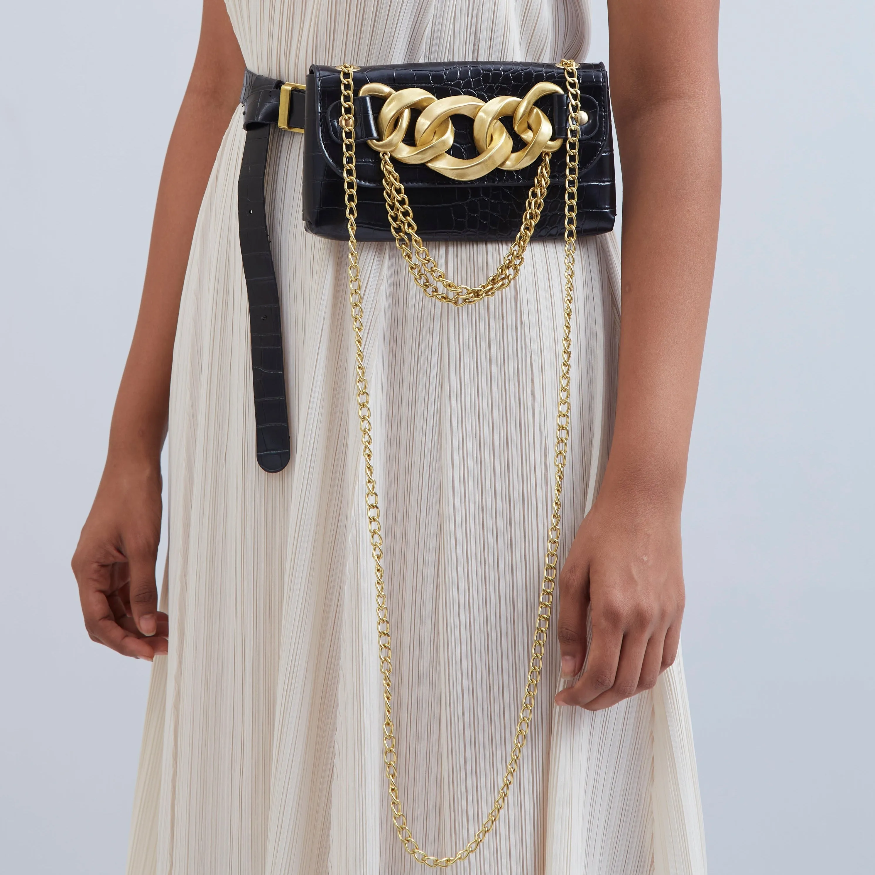 Textured Mini Chain Bag Belt - Black