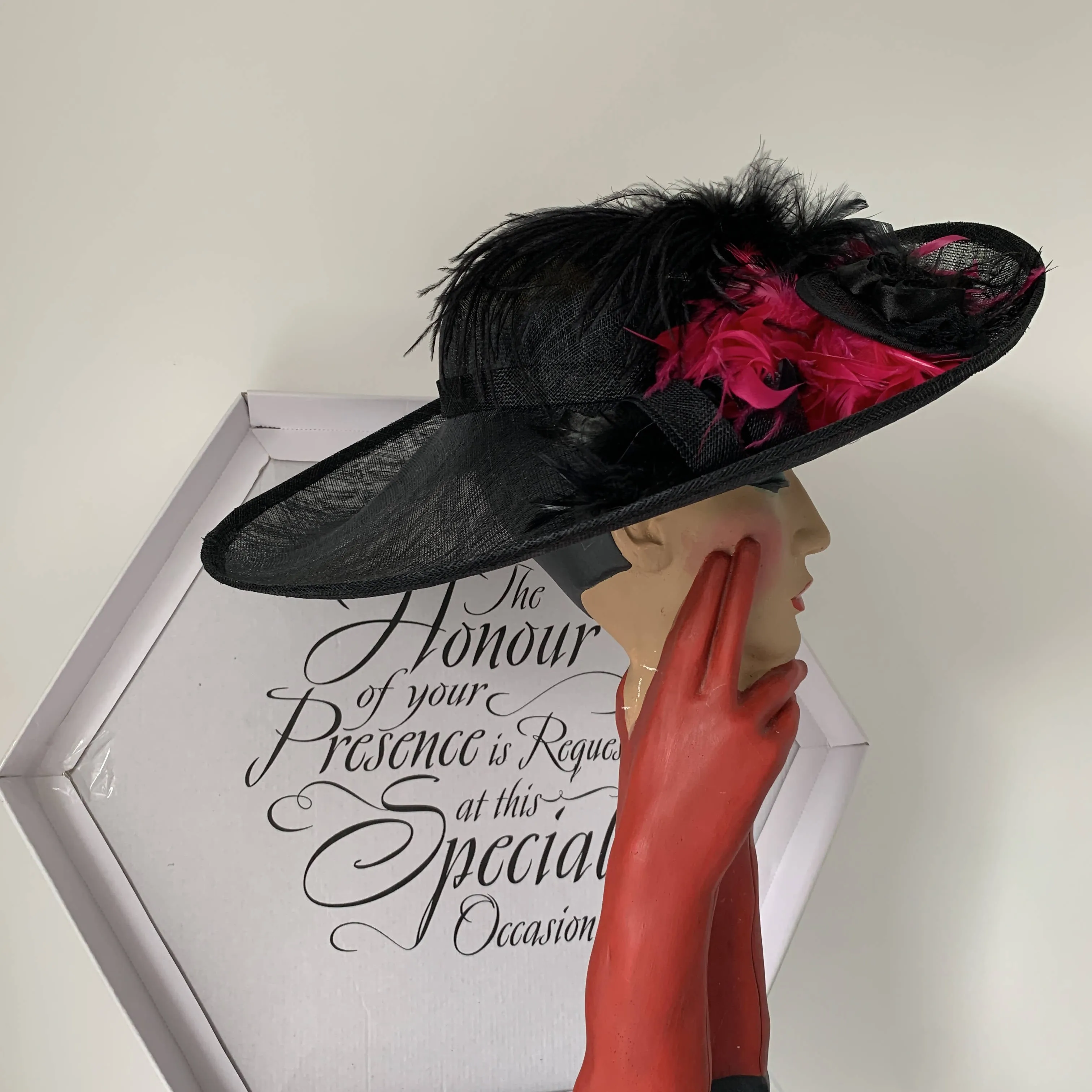 Vintage black Top hats with pink feathers, Hats so fab by Stephen jones made in England