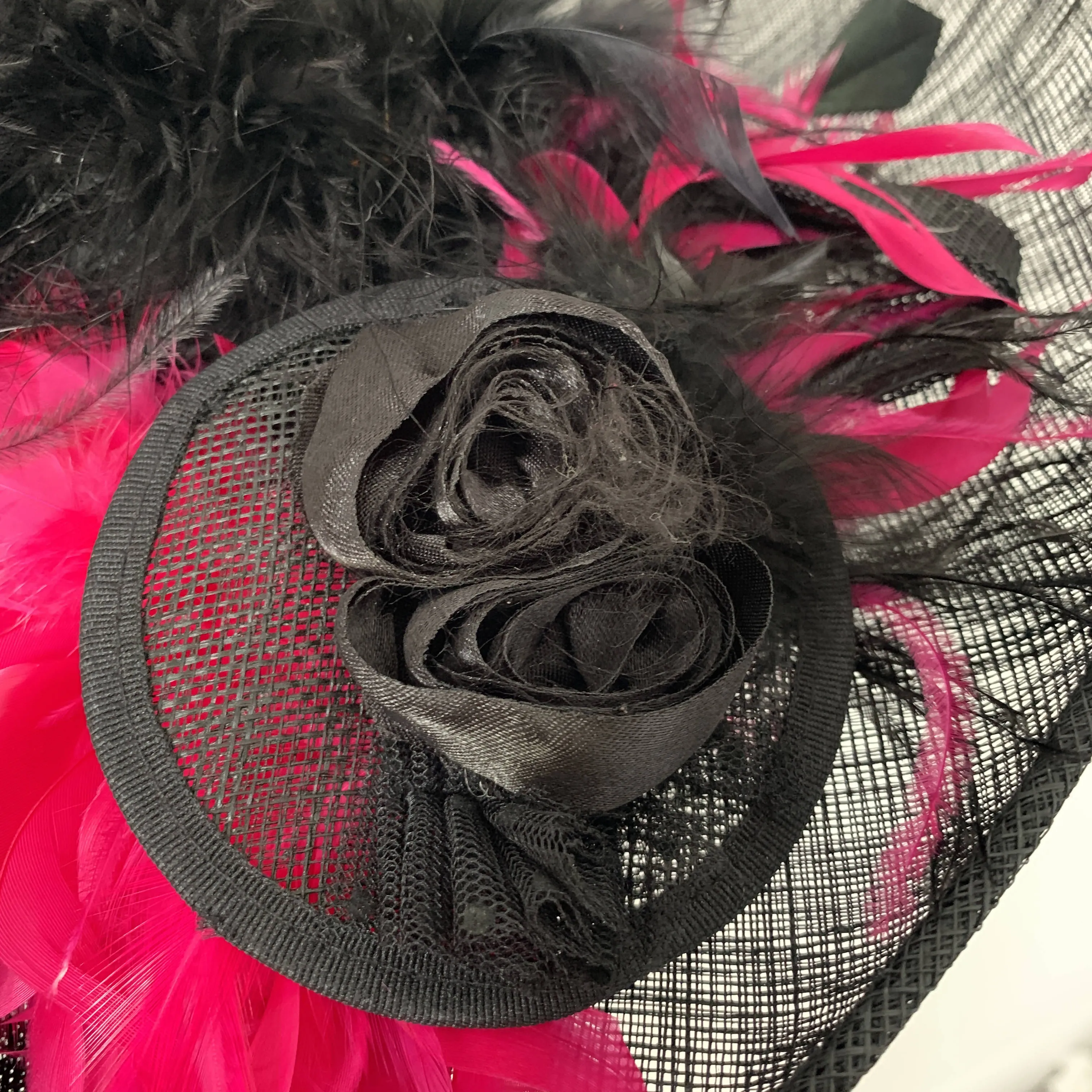 Vintage black Top hats with pink feathers, Hats so fab by Stephen jones made in England