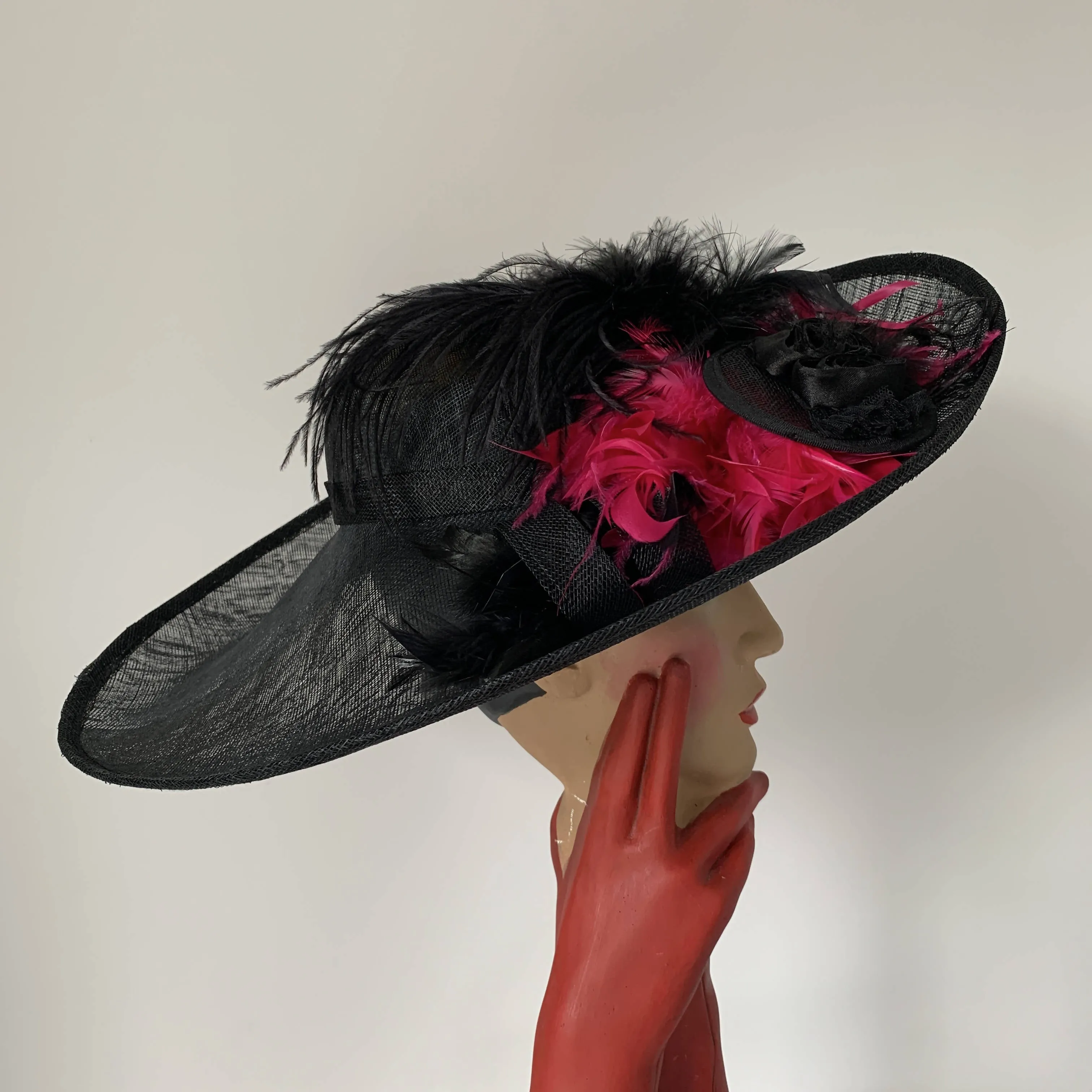 Vintage black Top hats with pink feathers, Hats so fab by Stephen jones made in England