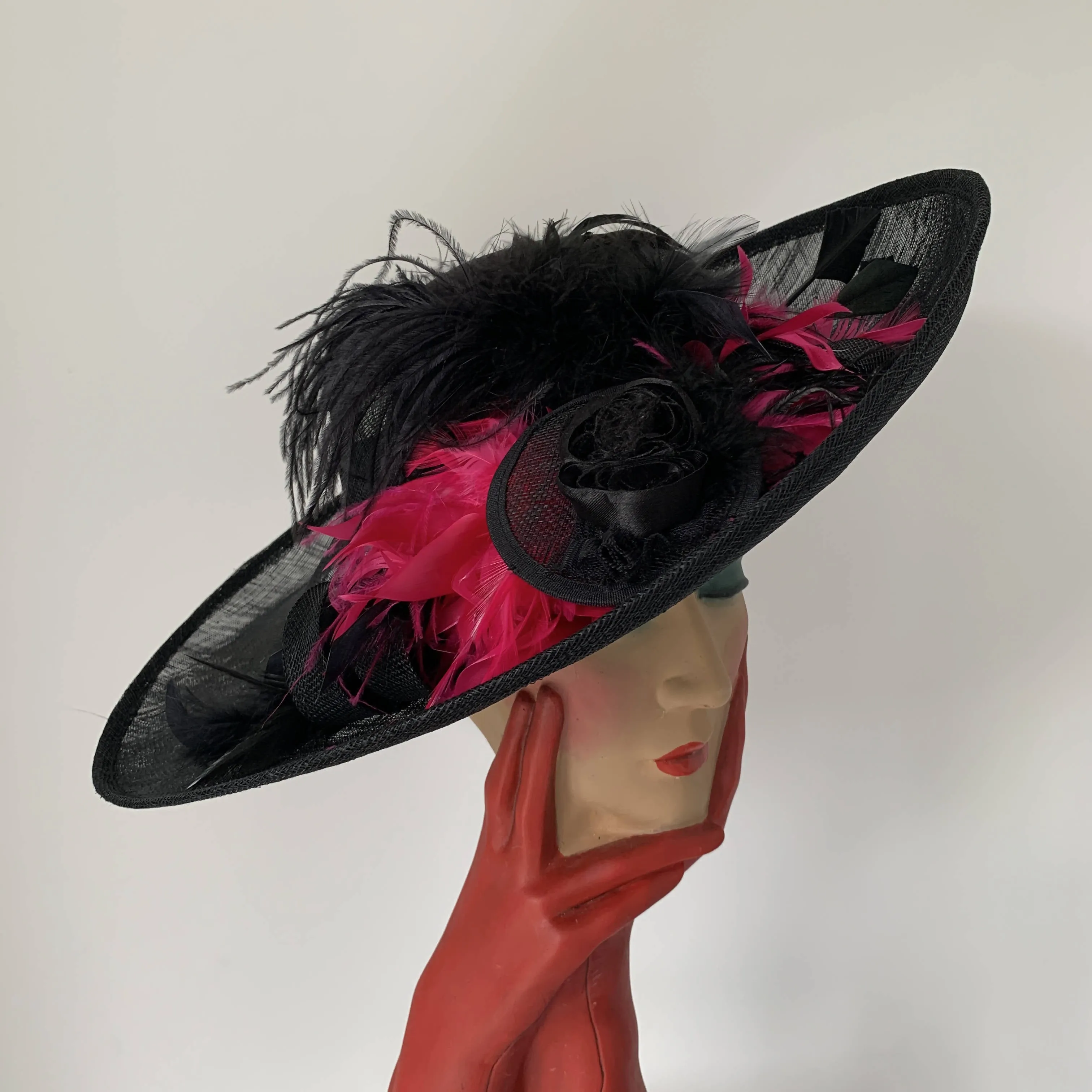 Vintage black Top hats with pink feathers, Hats so fab by Stephen jones made in England