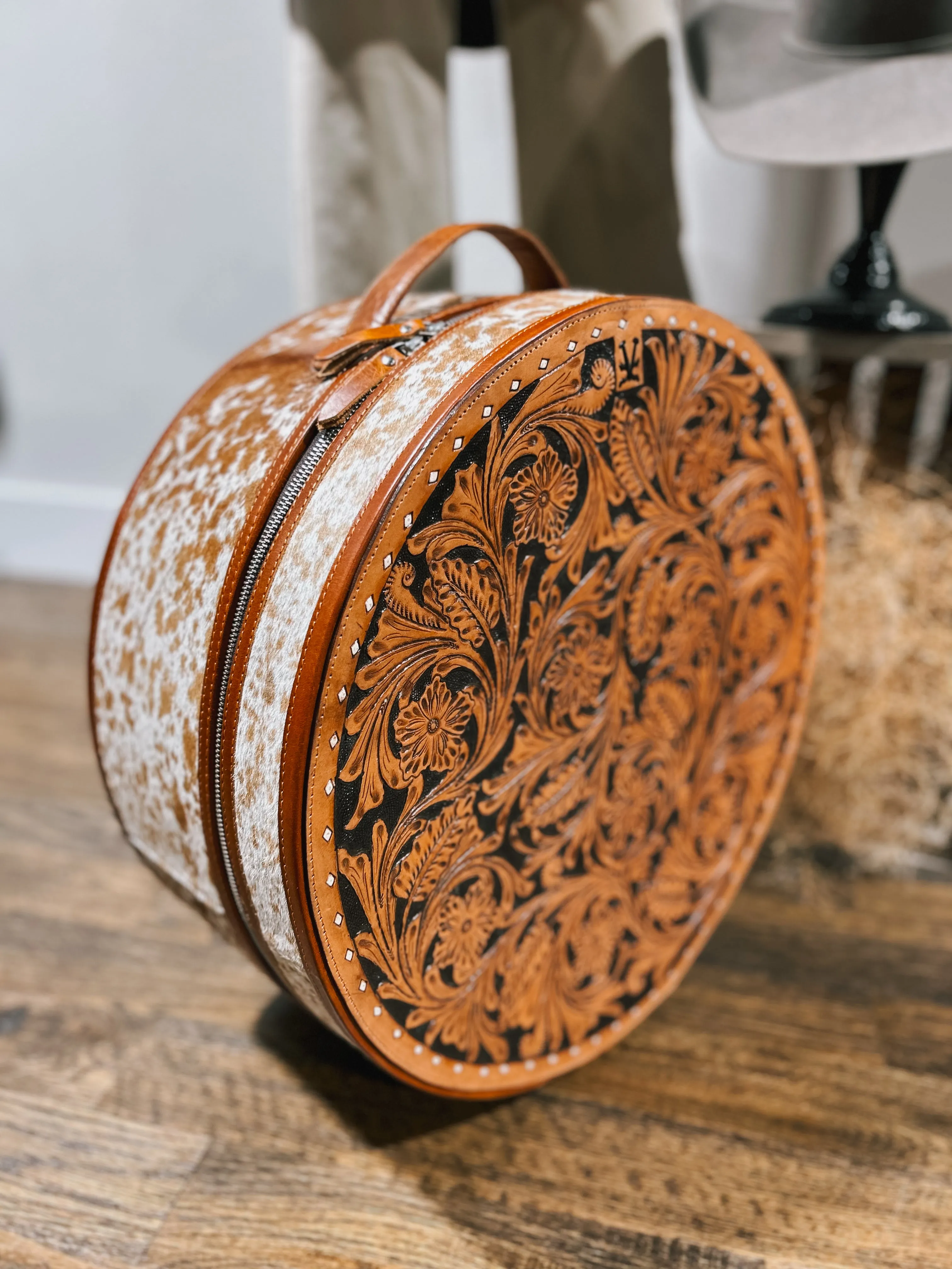 Vintage Cowgirl Tooled Leather Cowhide Cognac Brown Hat Box