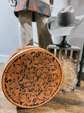 Vintage Cowgirl Tooled Leather Cowhide Cognac Brown Hat Box