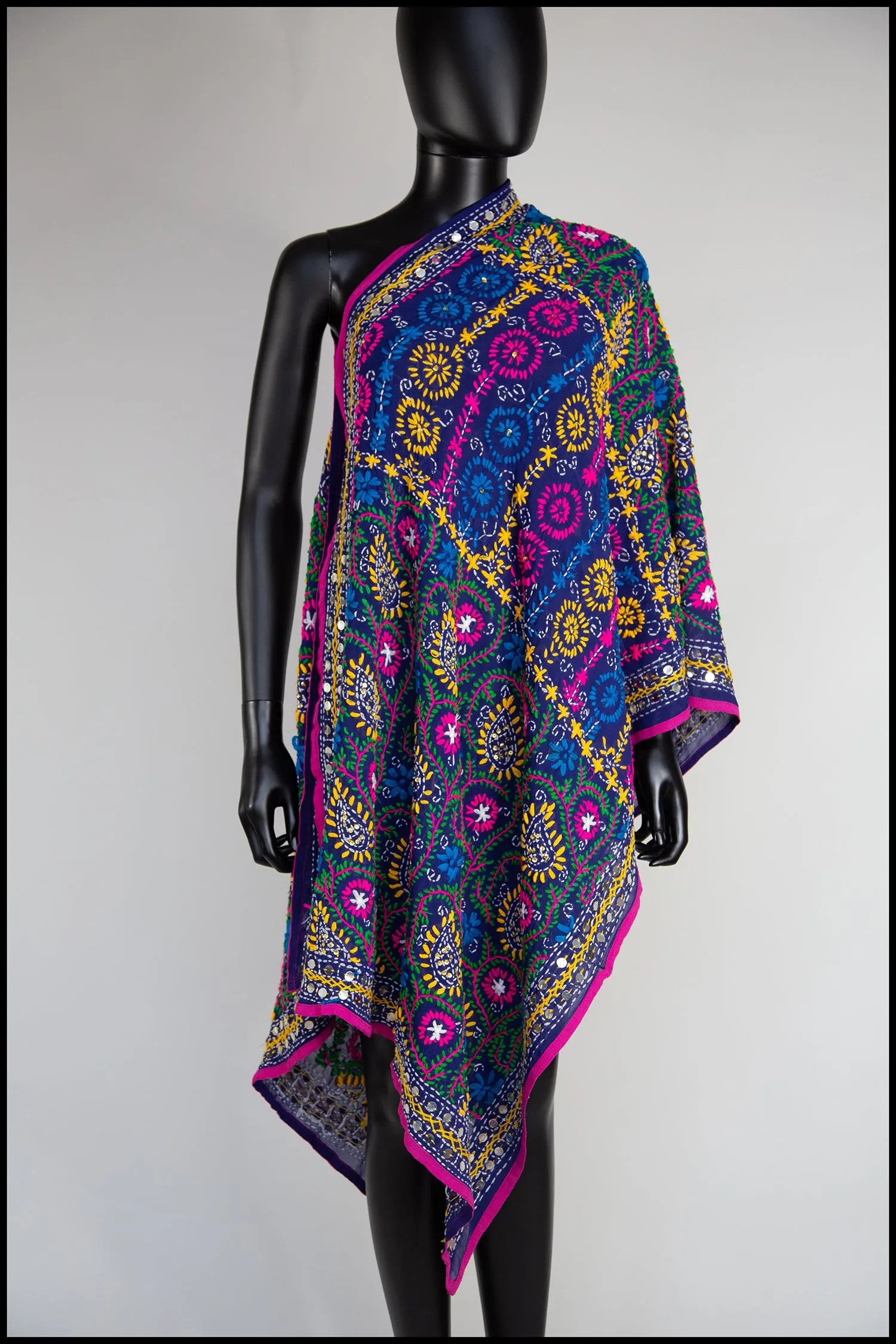 Vintage Indian Phulkari Blue Embroidered Silk Wool Wrap