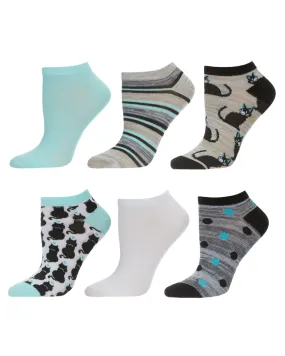 Women's 6 Pair Pack Feline Fine Cat Theme Low Cut Socks