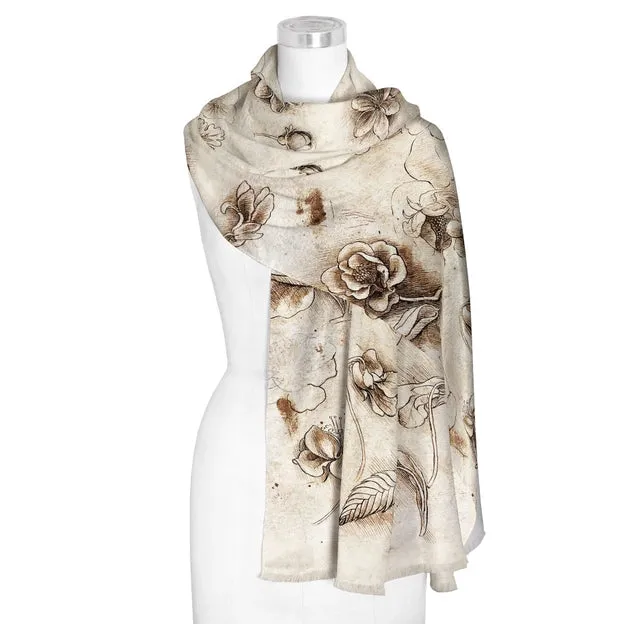 Women's Shawl Wrap Scarf, Fine Art Silk Blend Shawl Da Vinci Flower Study