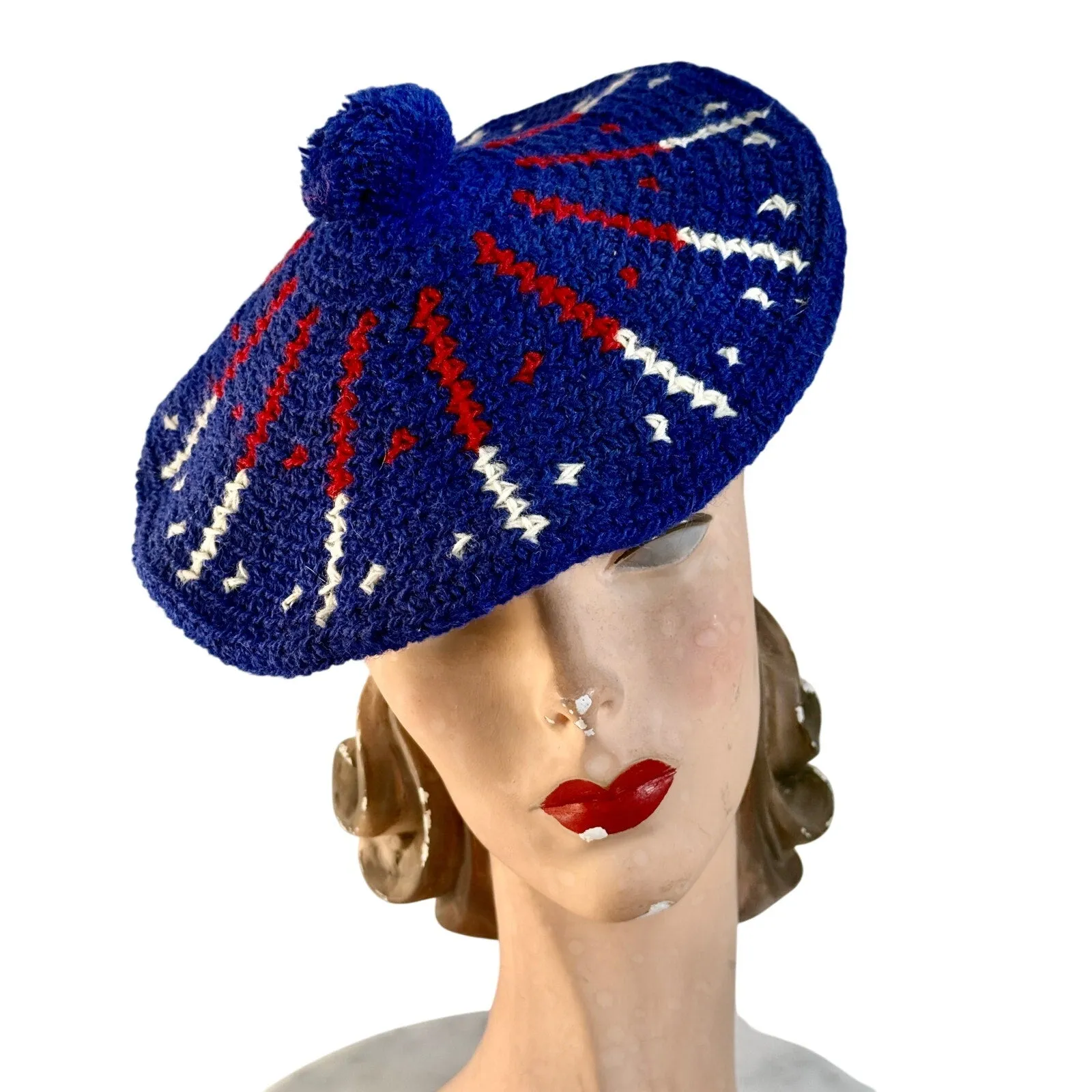 Womens VTG Beret Hat Red White & Blue 1940s Wool O/S WW2 Handknit