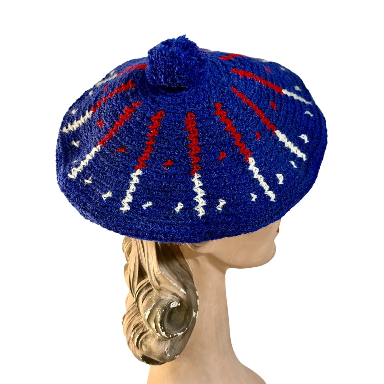 Womens VTG Beret Hat Red White & Blue 1940s Wool O/S WW2 Handknit