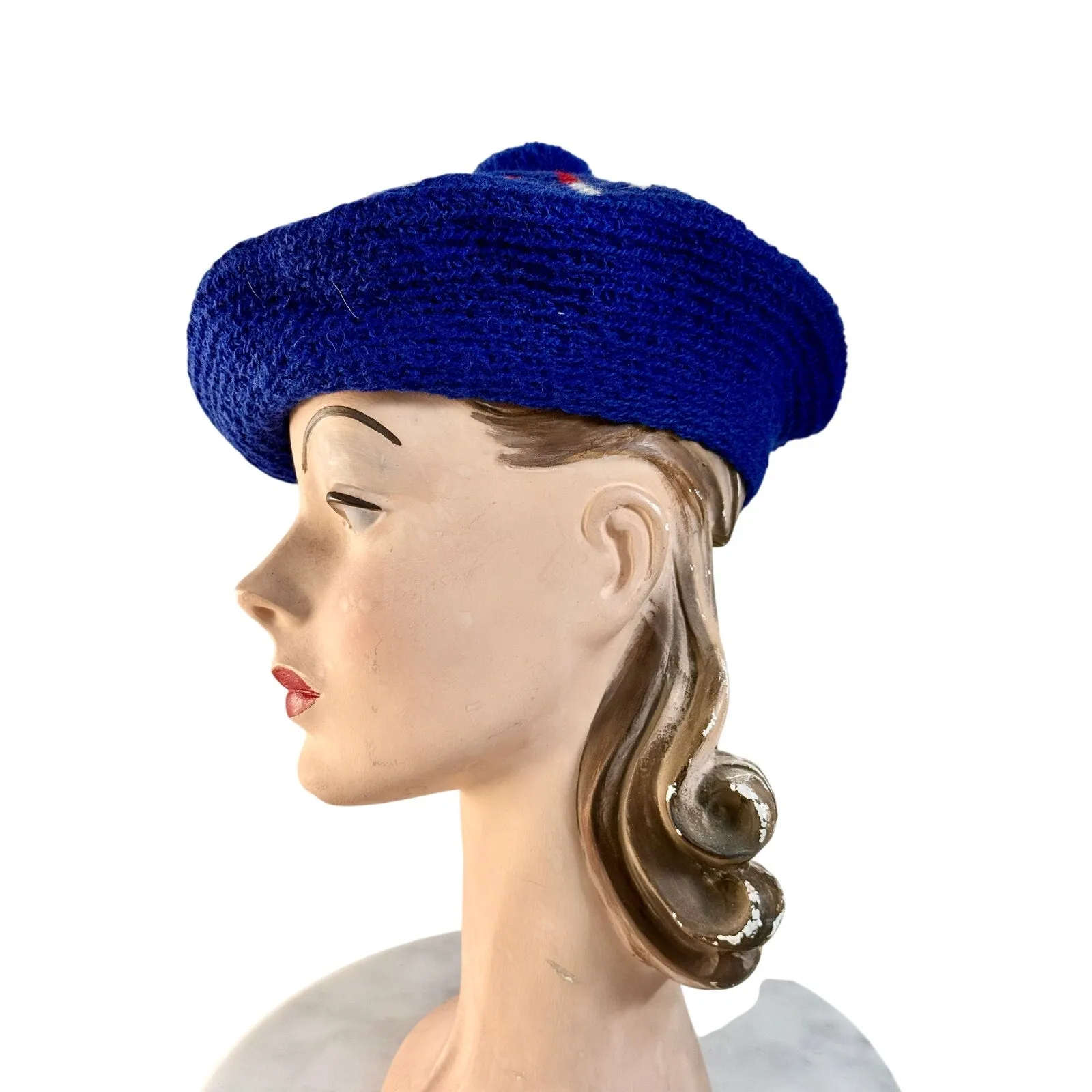 Womens VTG Beret Hat Red White & Blue 1940s Wool O/S WW2 Handknit