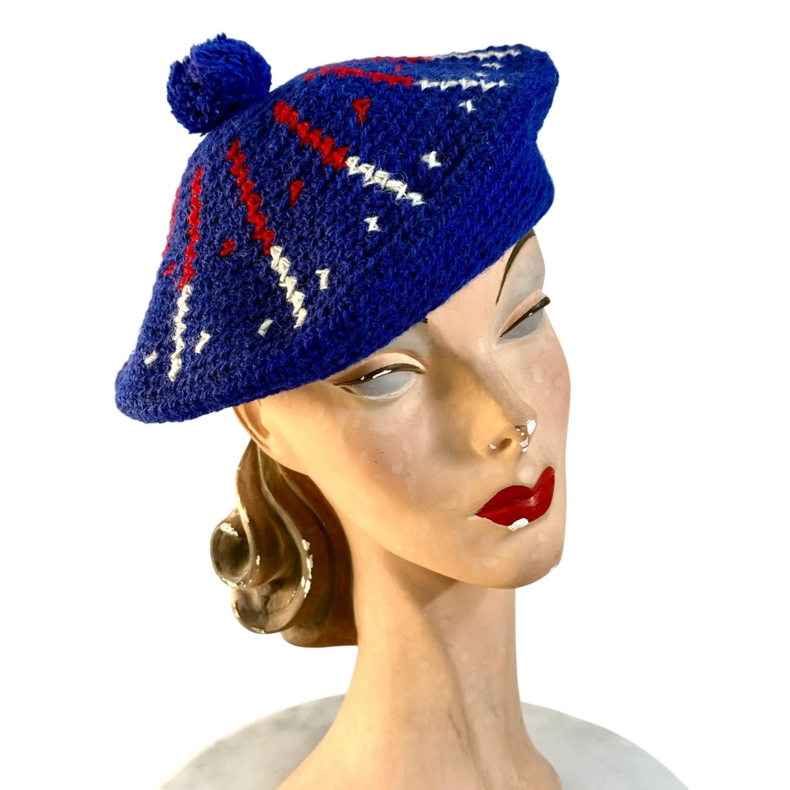 Womens VTG Beret Hat Red White & Blue 1940s Wool O/S WW2 Handknit